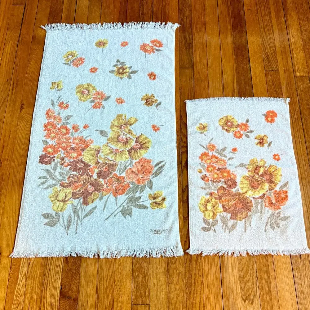 Vintage Floral Bath & Hand Towel Set Fringe Orange Gold 1970s Retro Deco